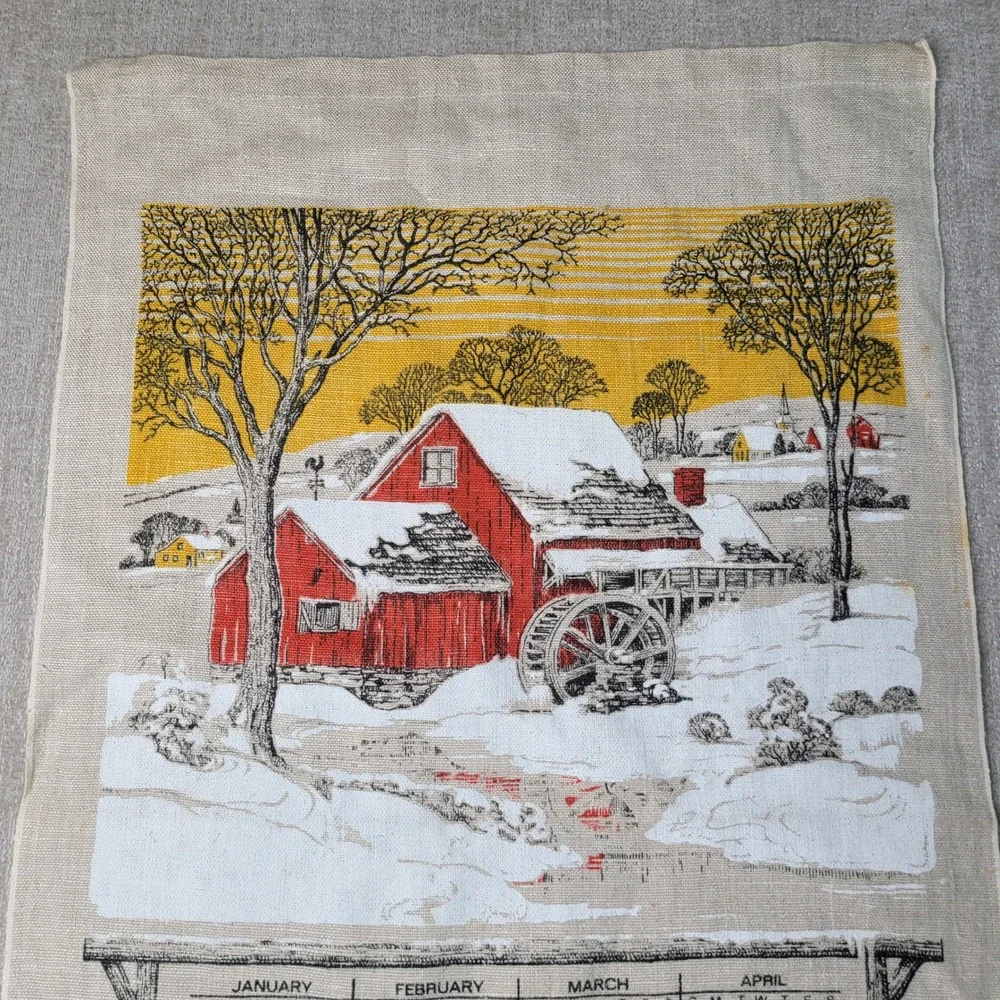 Calendar Tea Towel Tan 1974 Winter Barn Scene Vintage Linen Decor